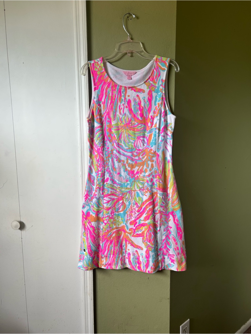 Lilly Pulitzer sleeveless Neon Pink, Aqua & Orange Cutout Back Print Shift Dress